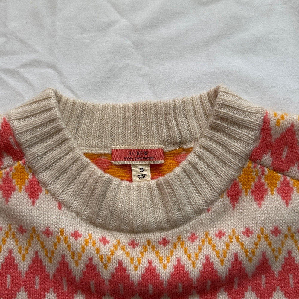 J. Crew 100% Cashmere Women's Sweater - Pink, Yellow, Cream Geometric Design - Picture 4 of 12